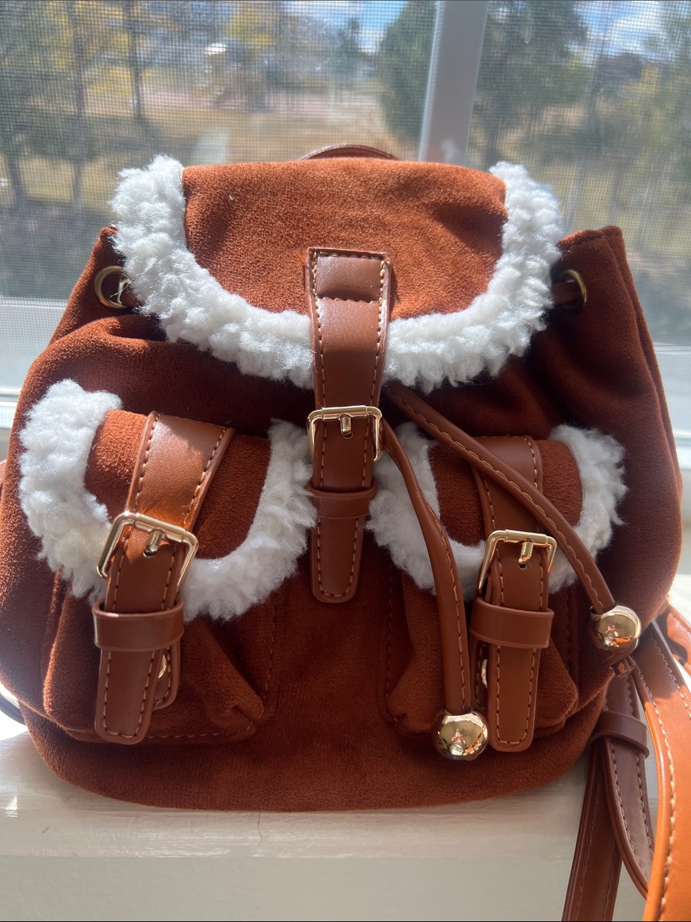 CIDER Burnt Orange Faux Suede Sherpa Trim Buckle Backpack